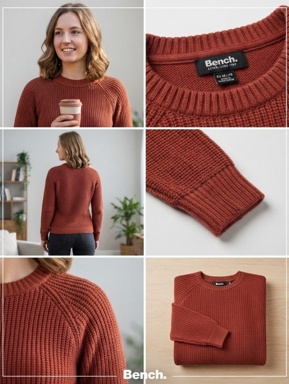 Bench Cozy Shaker Knit Raglan Crewneck Sweater - Rust Orange